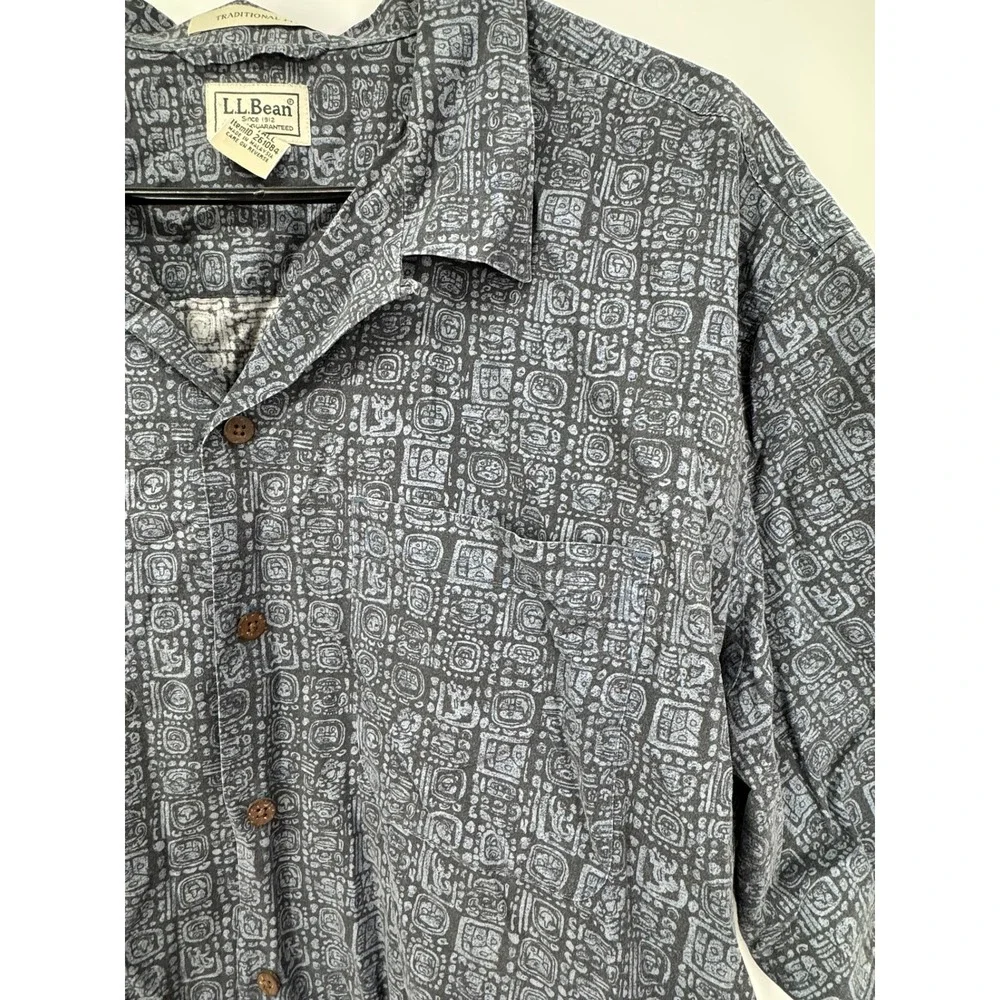 LL Bean Men's XL Tall Short Sleeve Button Up‎ Shirt Blue Aztec Print Cotton